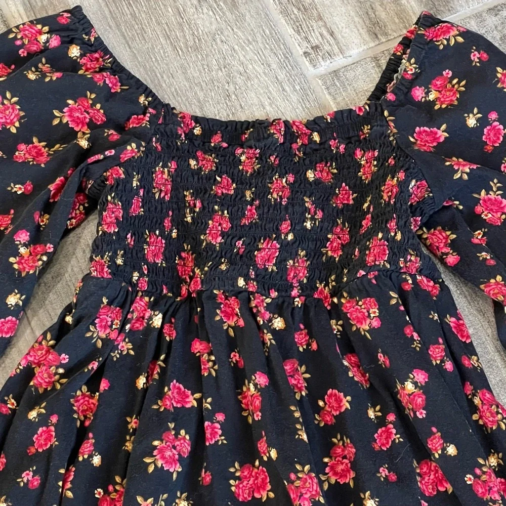 Old Navy Floral Print Dress Smocked Long‎ Sleeve Cottagecore Girl's Size 8